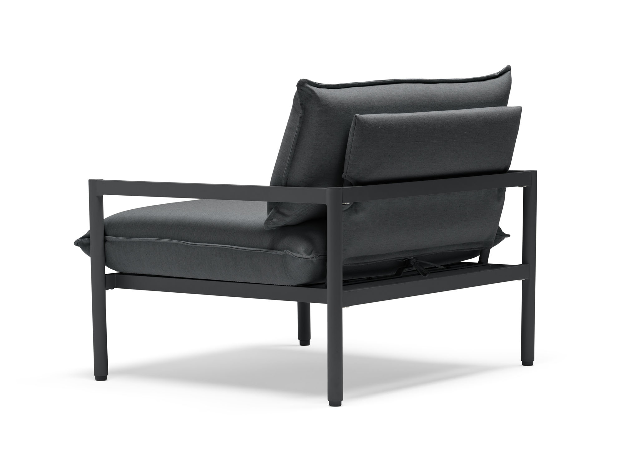 Back angle view of outdoor chair with black cushions and metal legs